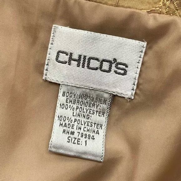 Chicos Cropped Embroidered Silk Open Front Jacket Tan Gold Size 1 / M - Picture 5 of 6